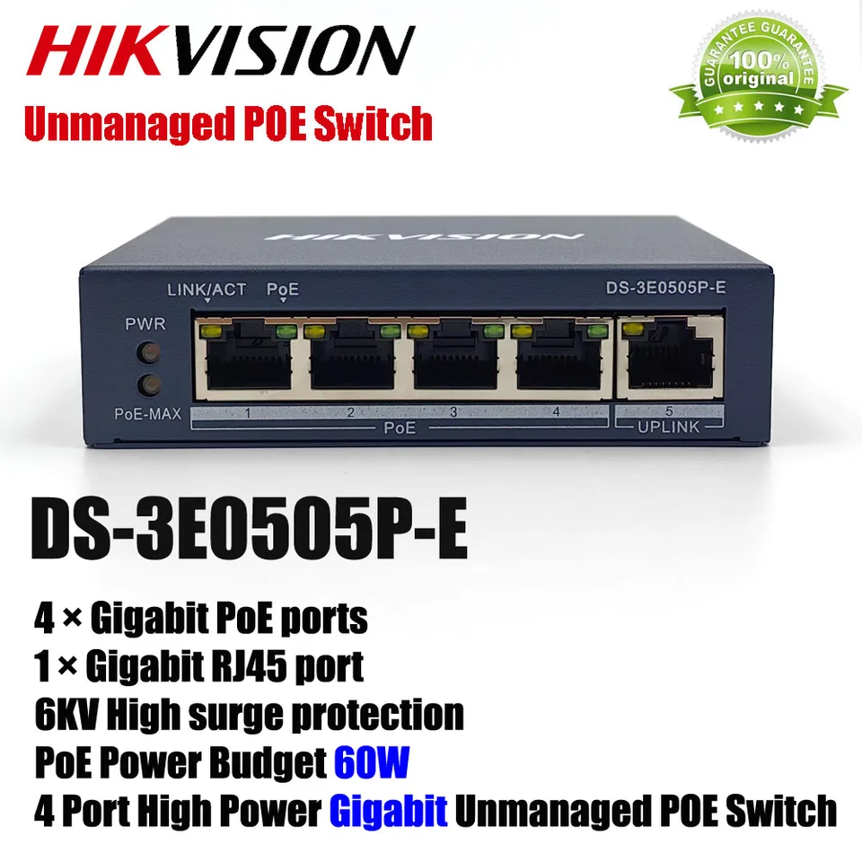 Original HikVision DS-3E0505P-E Vysoký výkon 60W 4 port 6kv prepätia ochrana Gigabit Unsedged Poe Switch
