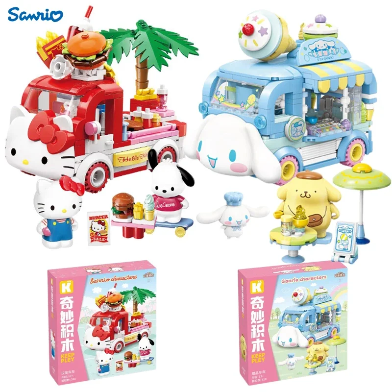 Original KeepPey Building Block Sanrio Kuromi Hamburg Car Model My Melody Cartoon Series Zhromaždenie dekorácie