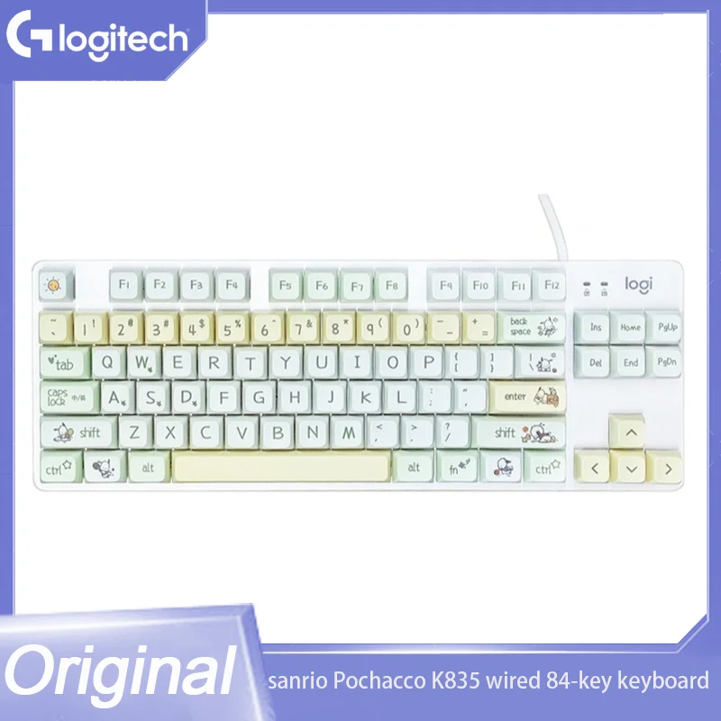 Original Logitech K835 káblové 84 klávesov Mechanická klávesová hra Esports Red/Axis Keyboard Set Cartoon Sanrio Pochacco Keycap