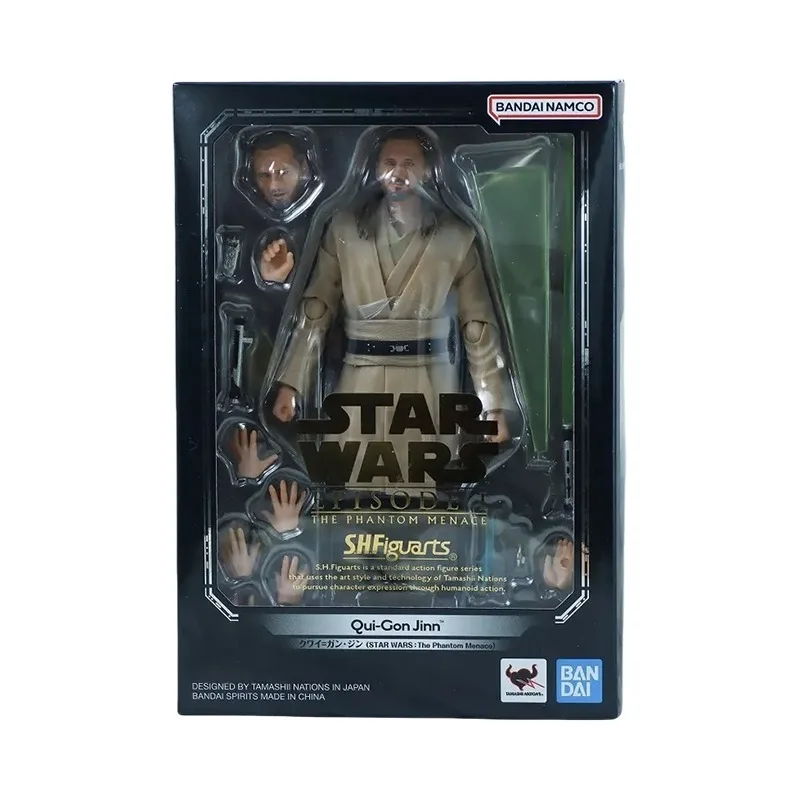 Original Original Bandai Anime Star Wars: The Phantom Menace Qui-Gon Jinn SHF Model Hračky Action Figure Darčeky zberateľné ozdoby