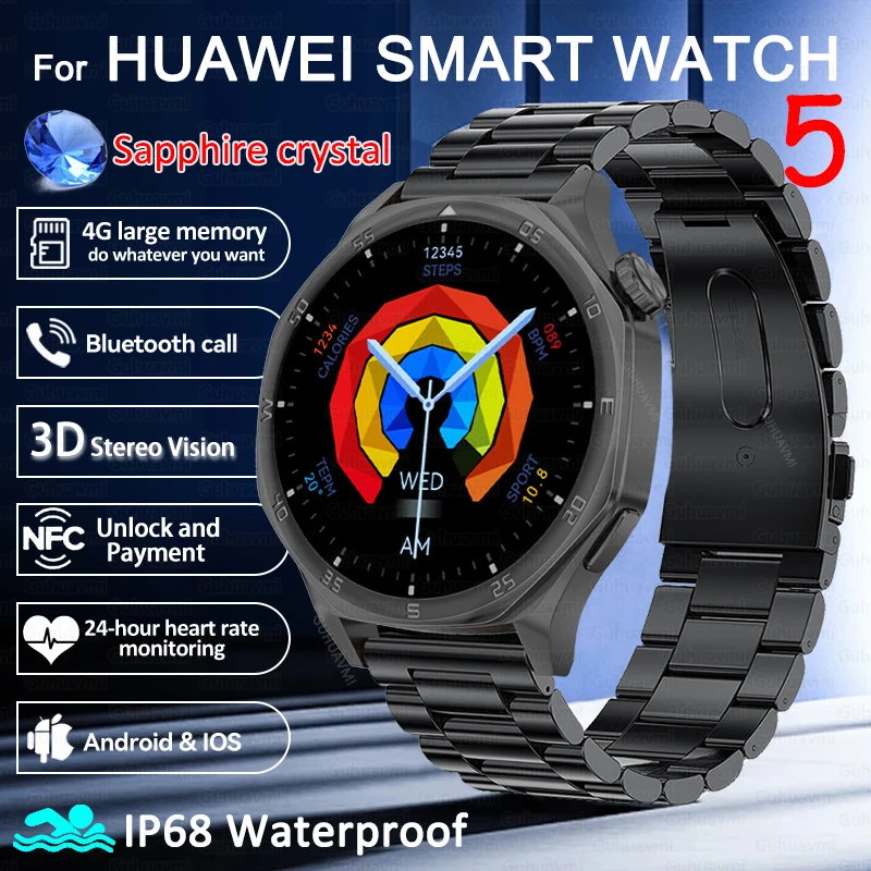 Originál pre Huawei Smart Watch 5 Men Ženy 1,48 '' Bluetooth Call NFC 4GB Pamäťový album Video Video GPS Sport IP68 Witerproof Smartwath