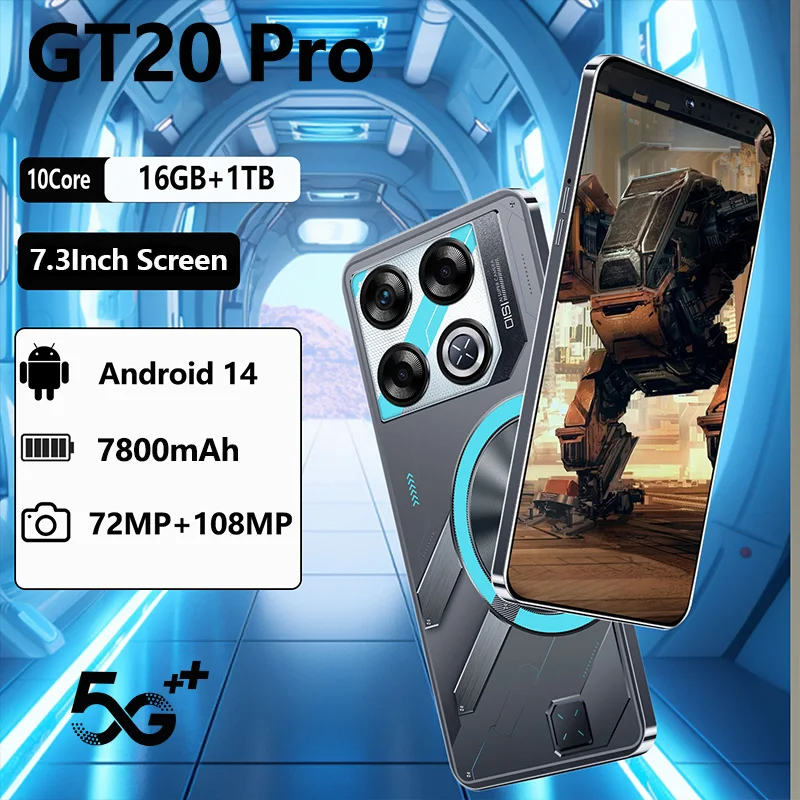 Originál pre mobilné telefóny značky GT20 Pro 7,3 palca Nový smartphone 5G 16G+1TB 7800 mAh mobilné mobilné telefóny tvár odomknutý Android 14