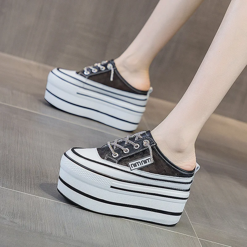 Originálna koža 11cm Platform Plippers klinové topánky Summer Ženy Vysoký podpätk