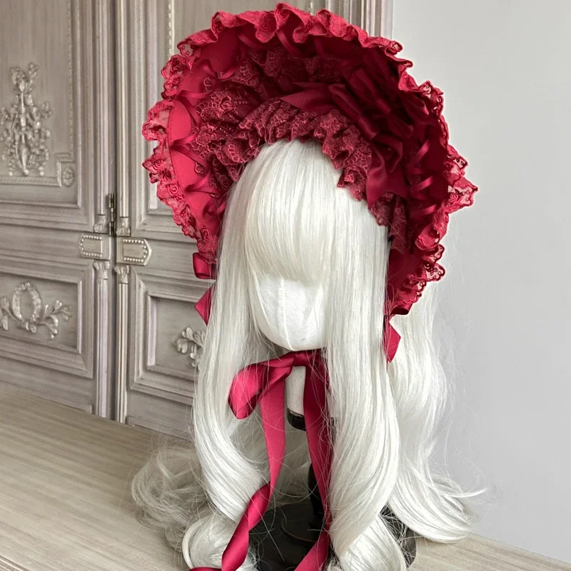 Originálna ručne vyrobená gotická lolita víno červená čipka bnt klobúk Ženy Vintage viktoriánske elegantné pásky obväz obväz na pláži pláž plochá čiapka