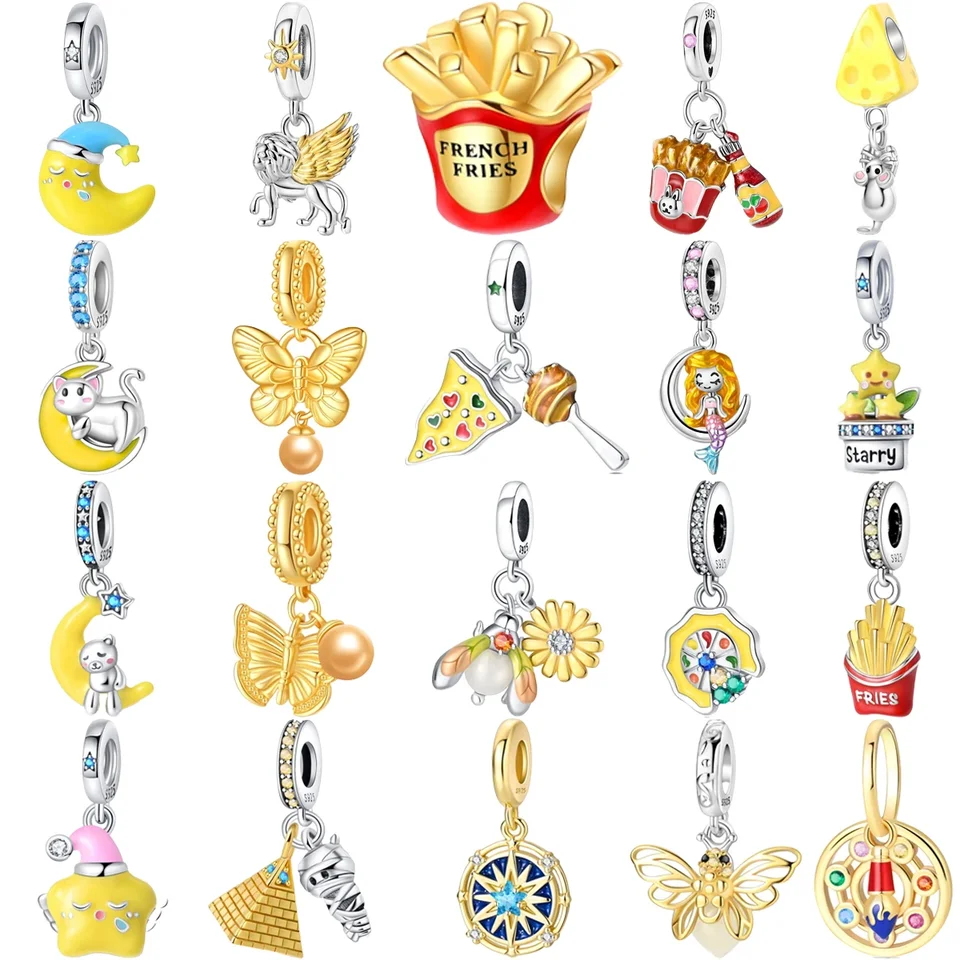 Originálne 925 Sterling Silver Gold Syr Fries Stars Hviezdy Paneramid Pyramídové korálky pre dámske šperky Pandora dly