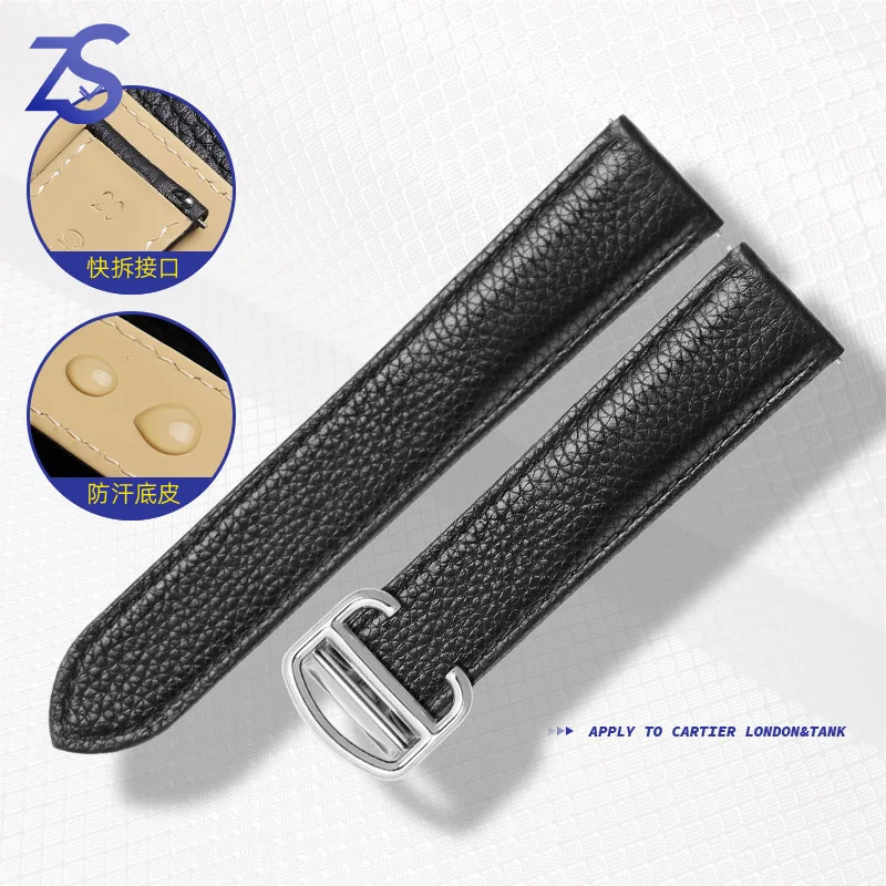 Originálne kožené hodinky Fit for Cartier Tank London Solo pre Litchi Grain Watches Strap Men Women Black Watch Band náramok