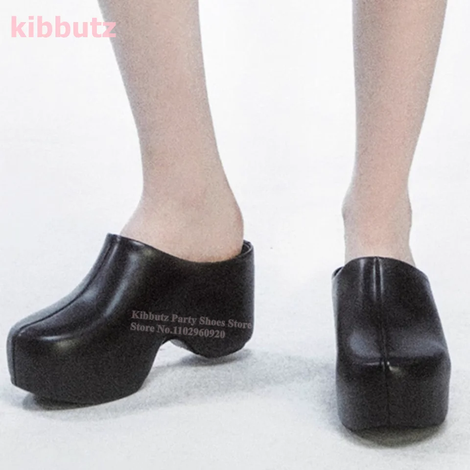 Originálne kožené mule topánky špicaté päty na nohách päty na päte Solid Black Slip-On Crystal Glossy výška Zvyšovanie čerpadiel Novinka