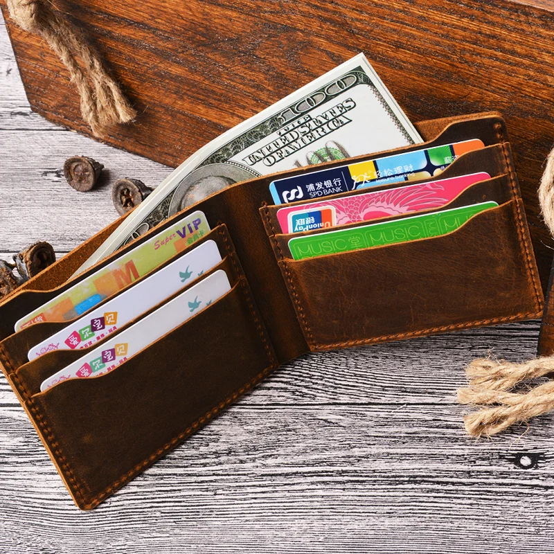 Originálne kožené peňaženky Bifold kabelka Vintage Crazy Horse Link Clutch Men peňaženky retro mince vreckové peňaženky