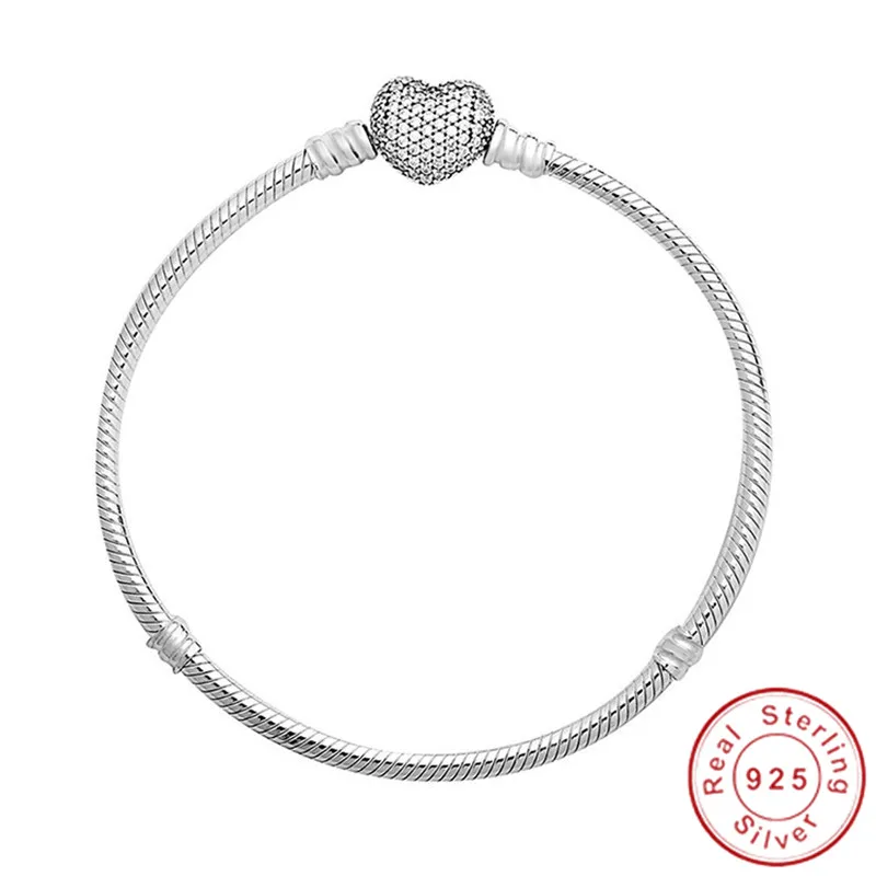 Originálny 100% 925 Sterling Silver DIY náramok pre ženy pre ženy Diamantová srdcová spona Snake retiazka Fit s náramkami na náramok