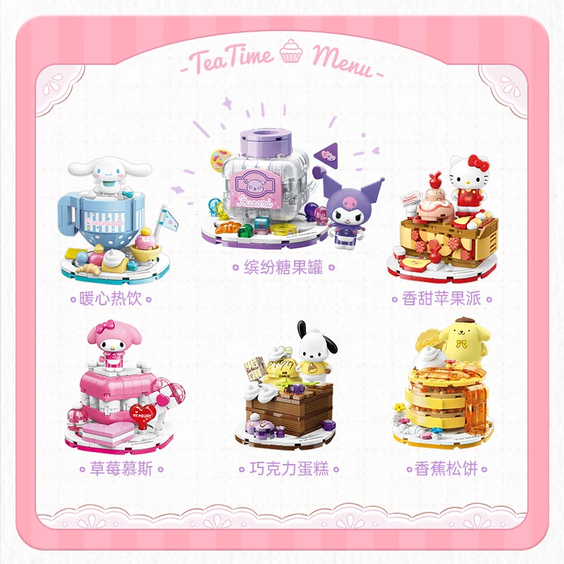 Originálny blok kadzlového budovy Sanrio Kuromi Gourmet Party Cartoon Series Model Model dekorácie Detské hračky Girls Darčeky