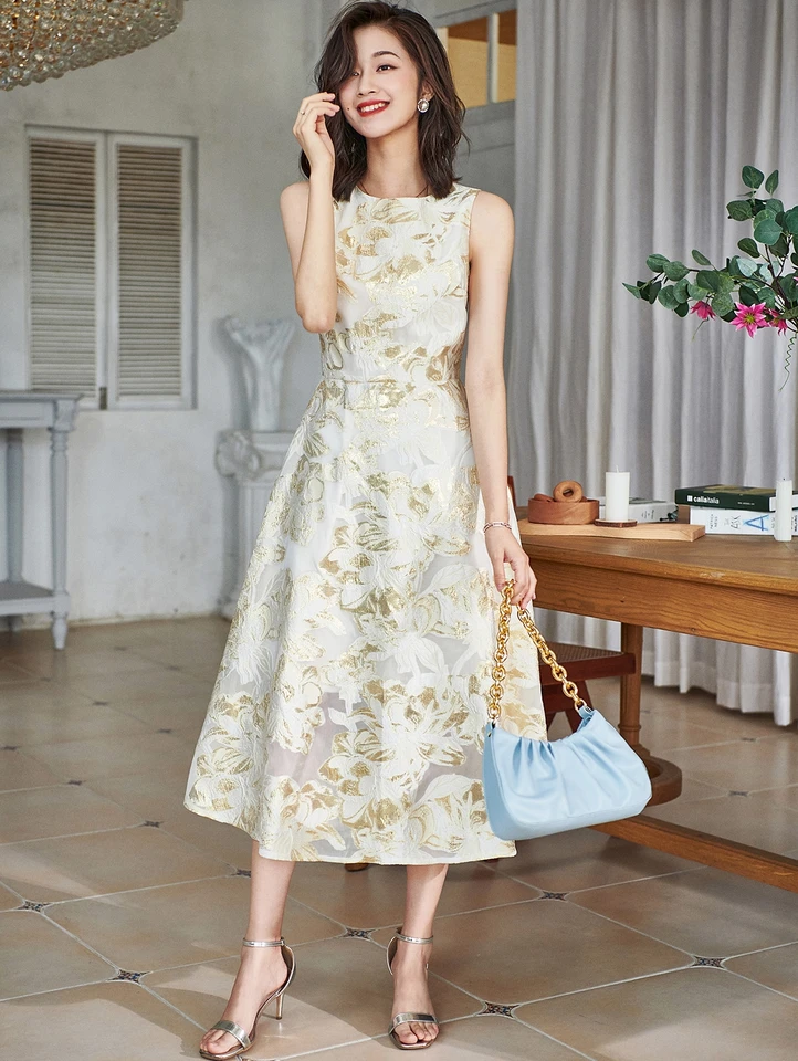 Originálny dizajn kvetinové jacquard Drss Ženy bez rukávov zips zips luxusné večerné šaty vintage novoročné Slim Pase Dress Q471