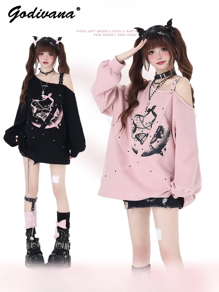 Originálny dizajn subkultúry mimo ramena nepravidelné popruhy voľná mikina mikiny sladké dievčatá pružina vytlačená voľný pullover základný top