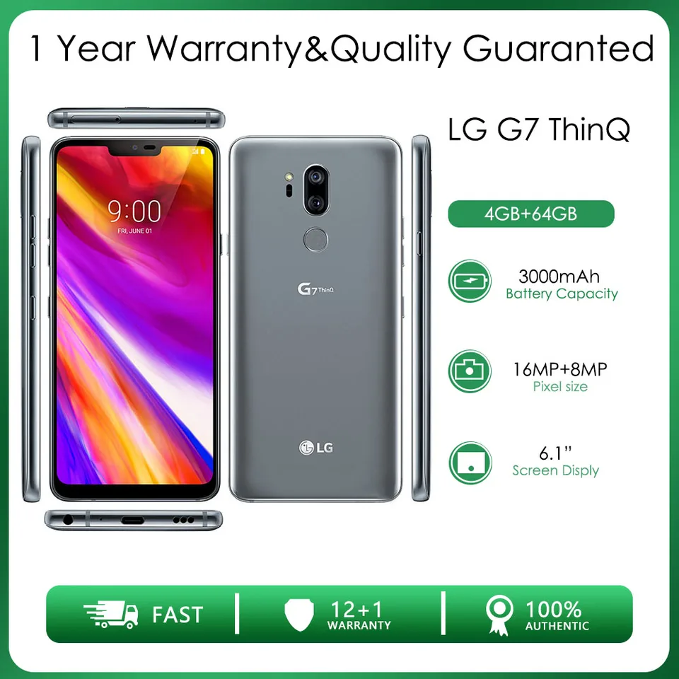 Originálny odomknutý LG G7 Thinq Single SIM 4 GB RAM+64GB OCTA-Core 16MP 6.1 '' 3000MAH Android 8.0 NFC FM Radio QC3 Smartphone QC3