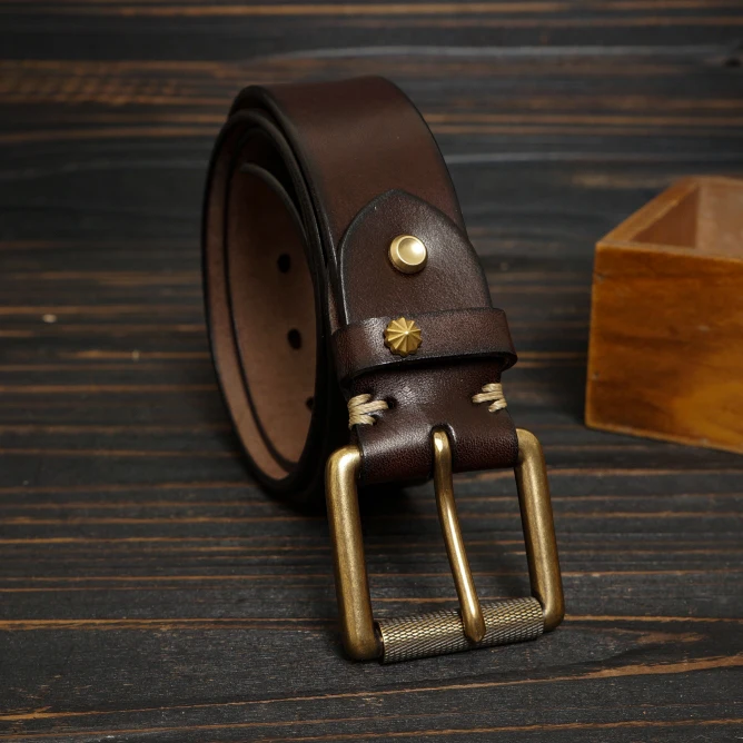 Originálny retro štýl čistý mosadzný pracku pánsky opasok Cast Wash Pure Cowhide Jean Belt Originálny kožený opasok