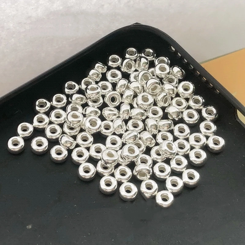 Originálny skutočný čistý pevný 925 Sterling strieborné korálky ploché okrúhle voľné vestovné guľôčky veľké diery DIY šperky výroby nálezov Komponenty