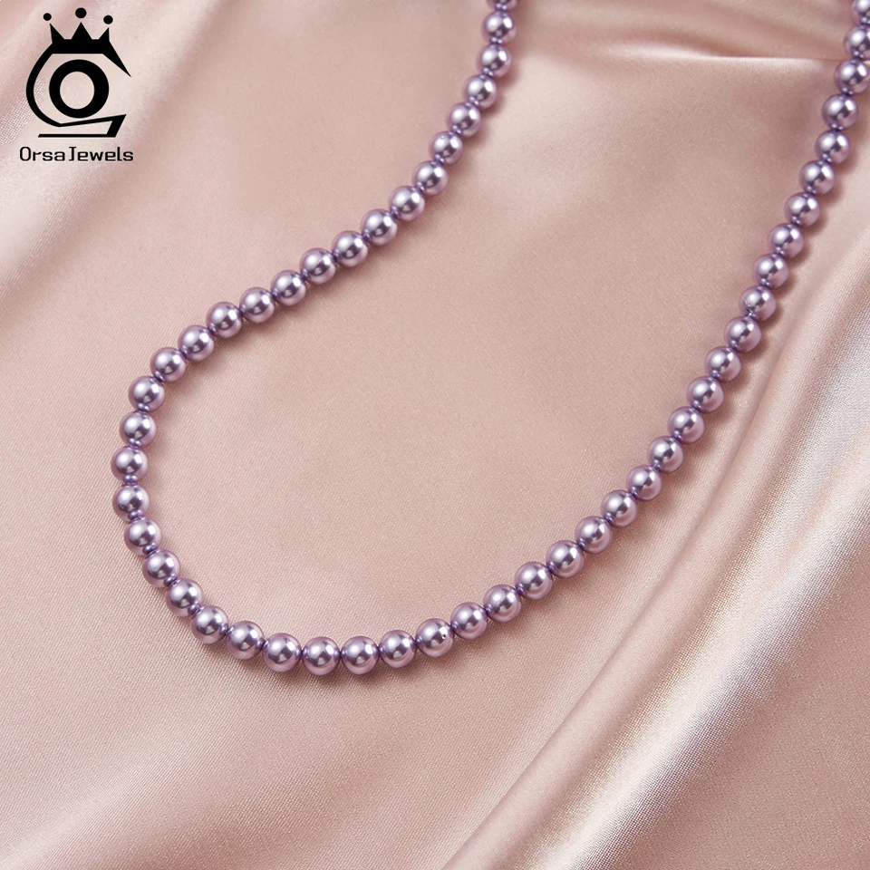 Orsa Jewels Soild 925 Sterling Silver 6mm ružové fialové škrupiny perlové korálkové náhrdelník Jednoduchý okrúhly škrupina Pearls Crck Chain PSN04