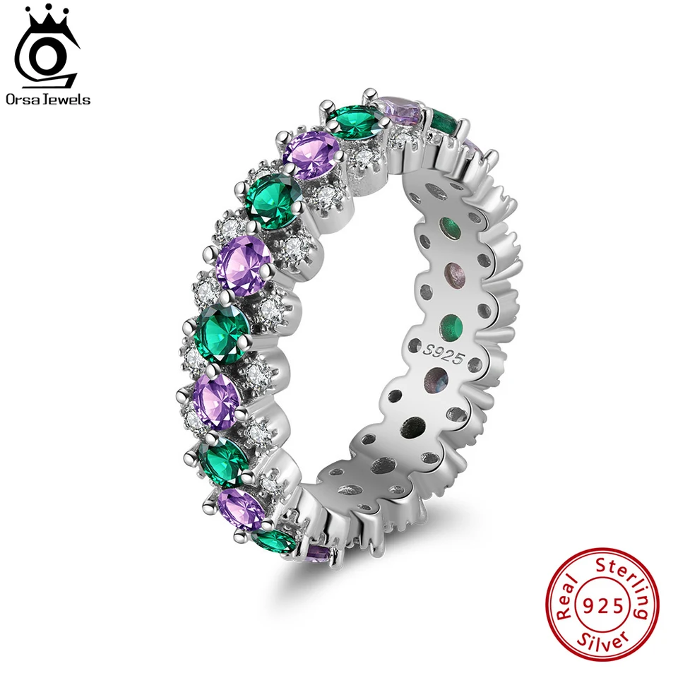 Orsa Jewels Unikátny 925 Sterling Silver Purple & Green Cubic Zirconia Ring for Women Svadobné kapely zásnubný prsteň šperky EQR57