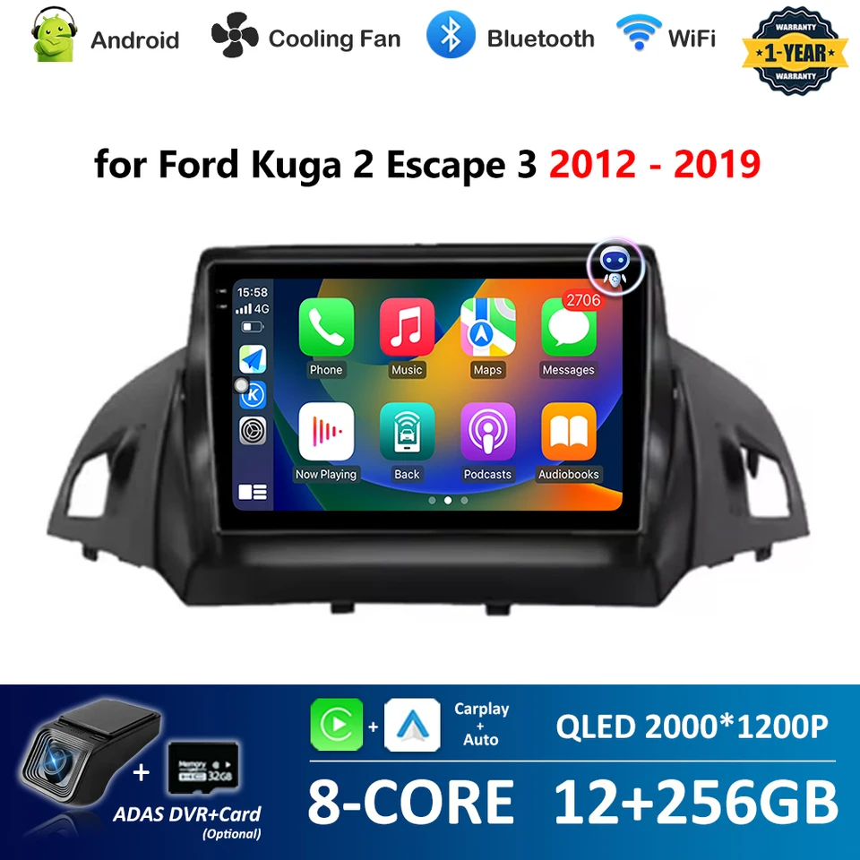 OS Android pre Ford Kuga 2 Escape 3 2012 - 2019 GPS Navi Bluetooth Car Radio Video Multimediálny hráč Wi -Fi CarPlay 4G Automatické nástroje