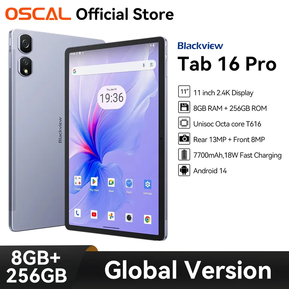 Oscal BlackView Tab 16 Pro Tablet PC, T616 OCTA Core, 11 '' FHD+ Display 24 GB (8+ 16) RAM 256 GB ROM 7700MAH 4G Android 14 Tablety
