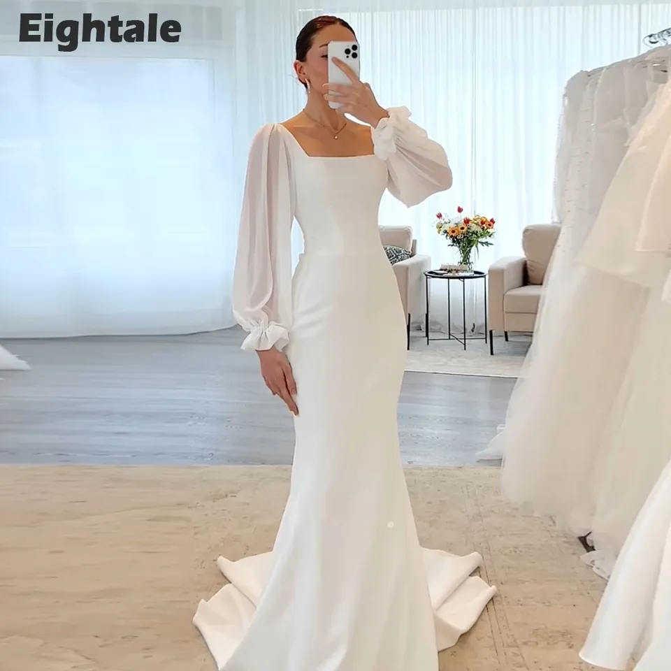 Osemal boho svadobné šaty prispôsobené lopatkou panna s jednoduchými rukávmi biely slonovinový šaty Vestido de noiva