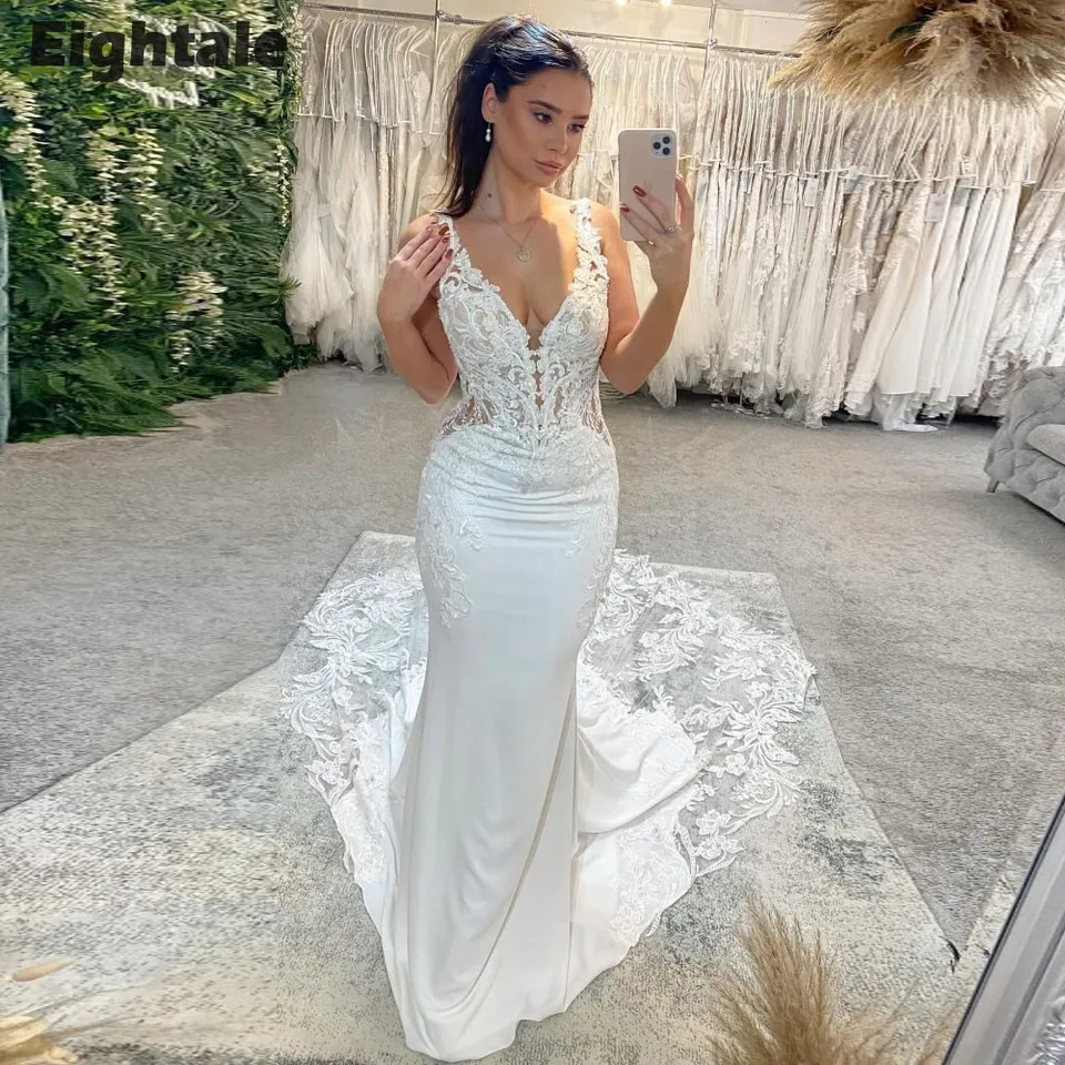 Osemal boho svadobné šaty prispôsobené čipky V-krk Appliques backless white slonovina Mermaid Svadobné šaty Vestido de noiva