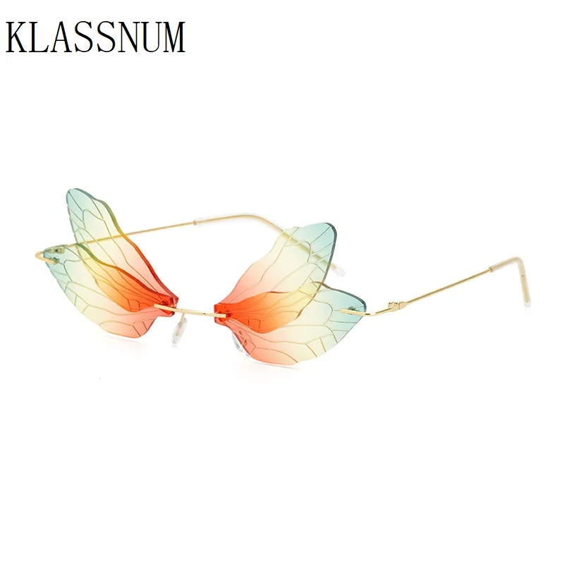 Osobnosť Dragonfly Slnečné okuliare Ženy Men Móda luxusný trendový dizajn značky úzky gradient Rimless Sun Gula Gafas de Sol