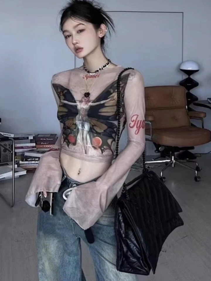 Osobnosť Motýľ Tlač Tričko s dlhým rukávom Pozrite sa prostredníctvom módy y2k estetické tenké plodiny Top ročník sexy gázové harajuku odpaliská