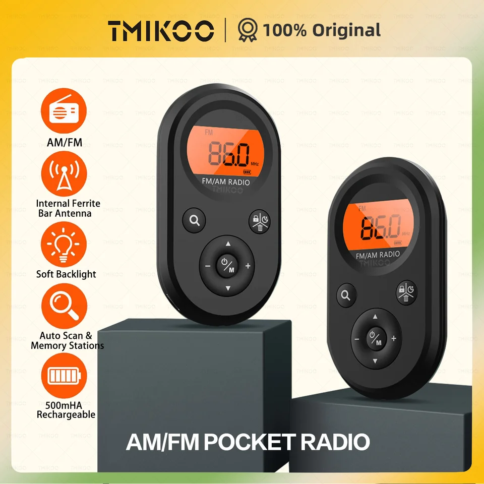 Osobné vreckové rádio AM/FM, mini nabíjateľné tranzistorové rádio s najlepším príjemom, dlhá výdrž batérie, stereofónne slúchadlá, podsvietené