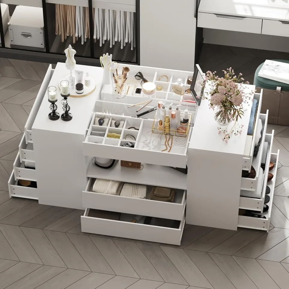 Ostrov Armoire Bedroom Island so sklenenou stolovou displejom, šatníková skrinka so 14 zásuvkami, komoda na ostrov