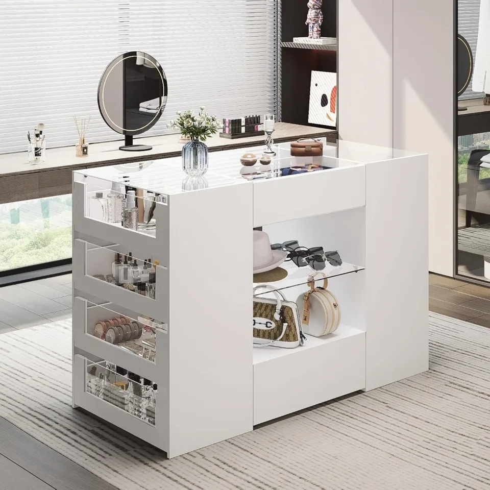 Ostrov skrinky so zásuvkami, šatník Armoire Bedroom Island, sklenená polica a 12 zásuviek, biela komoda so skleneným vrchom