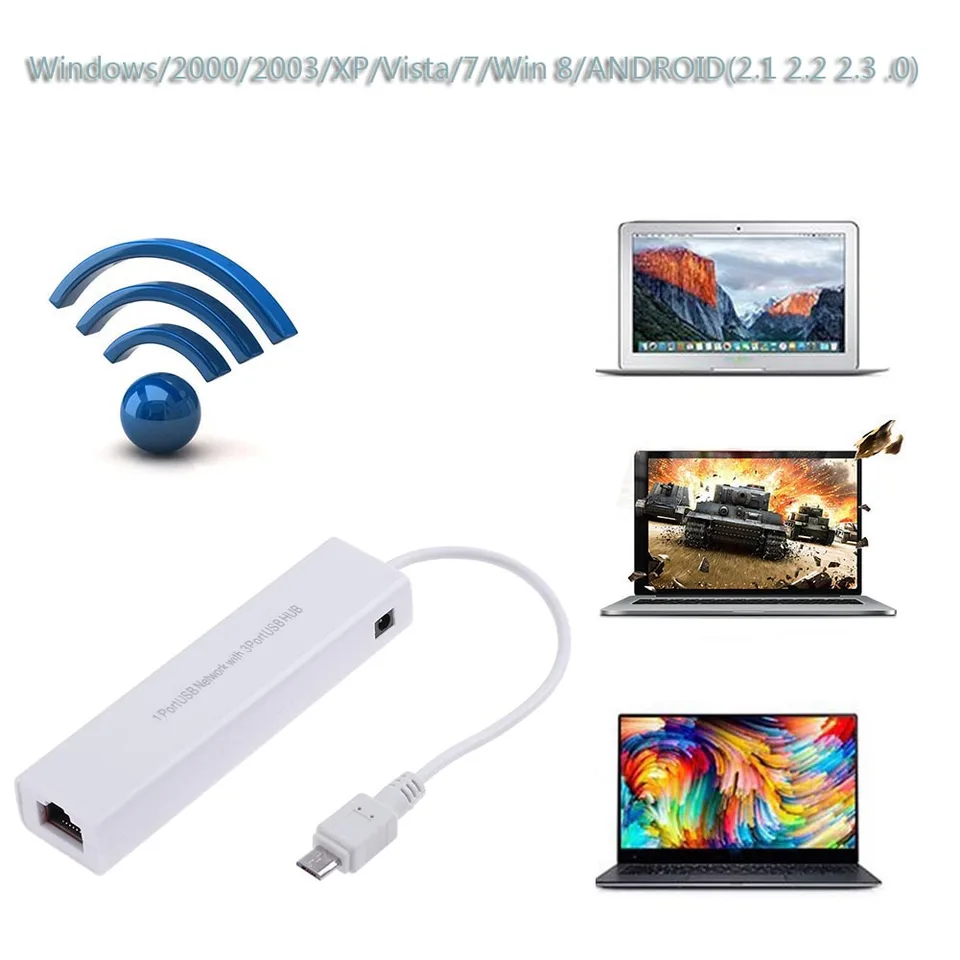 OTG 3 Port USB 2,0 HUB 10/100 MB MICRO USB na RJ45 LAN Adapter Sieťová karta