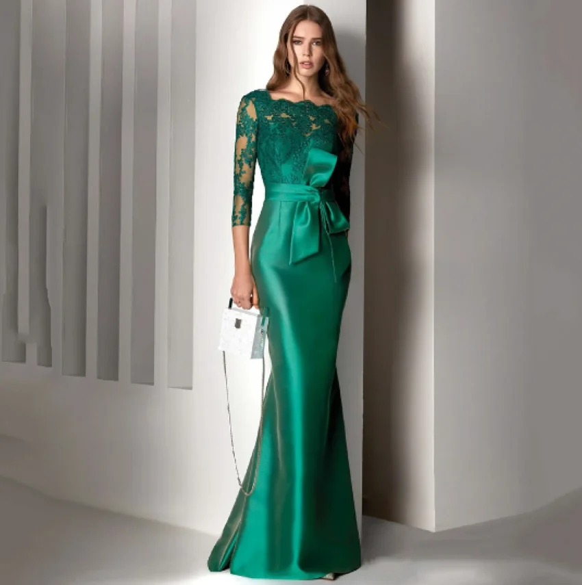 Othray Scoop Satin Formálne večerné šaty s šatymi s čipkami pre mamu štýlové 3/4 rukávy Mermaid Matka nevesty šaty