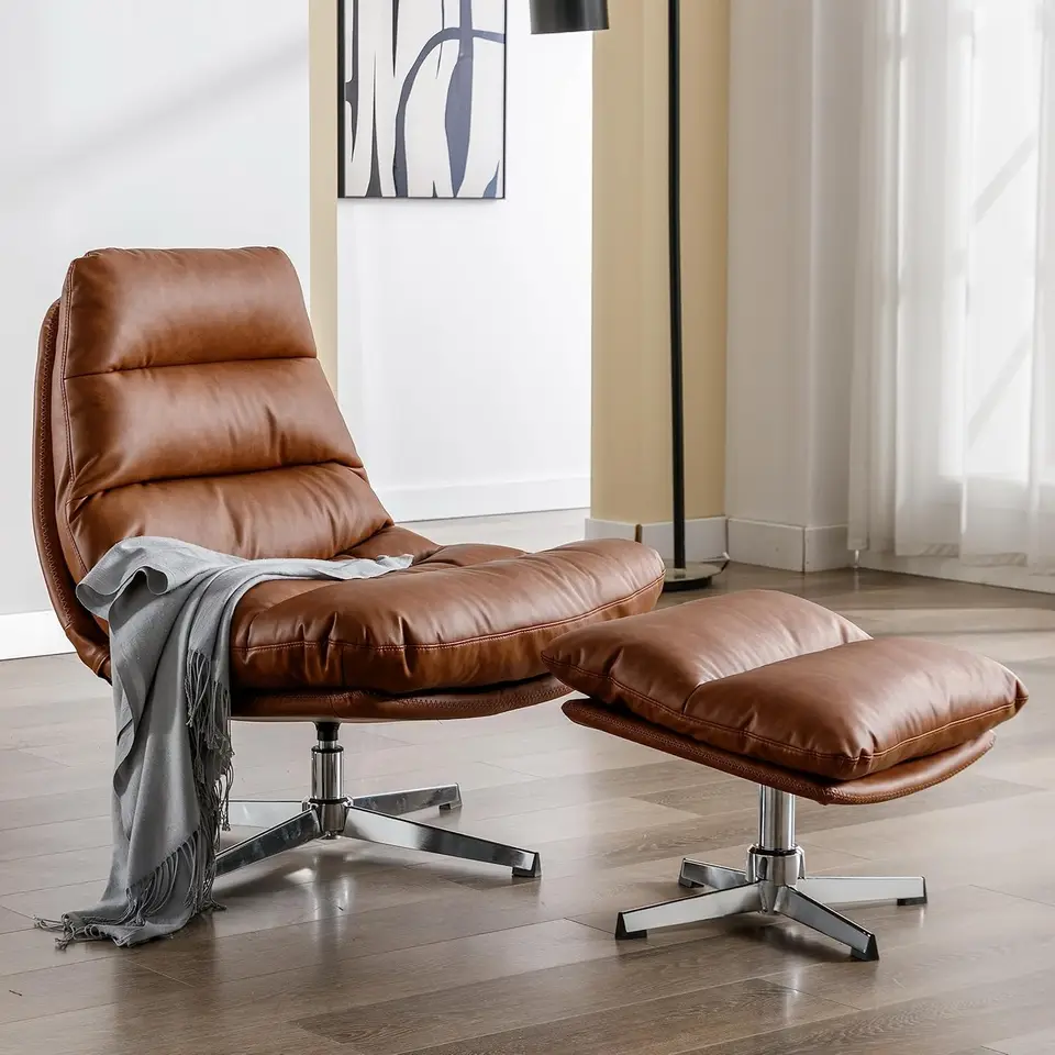 Otočné kreslo s prízvukom s osmanským, Modern Faux Leather Lounge s kreslom s ním, pohodlné nadmerné kreslo, hnedé