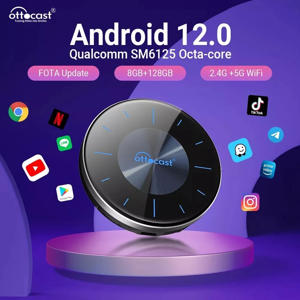 Ottocast P3 Ottoaibox CarPlay AI Box Wireless Android Auto Smart TV Box Automobilové príslušenstvo pre Benz Audi Kia Hyundai VW Toyota