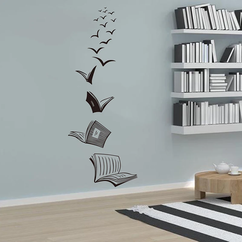 Otvorená kniha Fly Birds Wall Sticker Library Knižnica Čítanie knihy Štúdium zvieracie stena obtisky Školská spálňa Vinyl Home Decor Decor