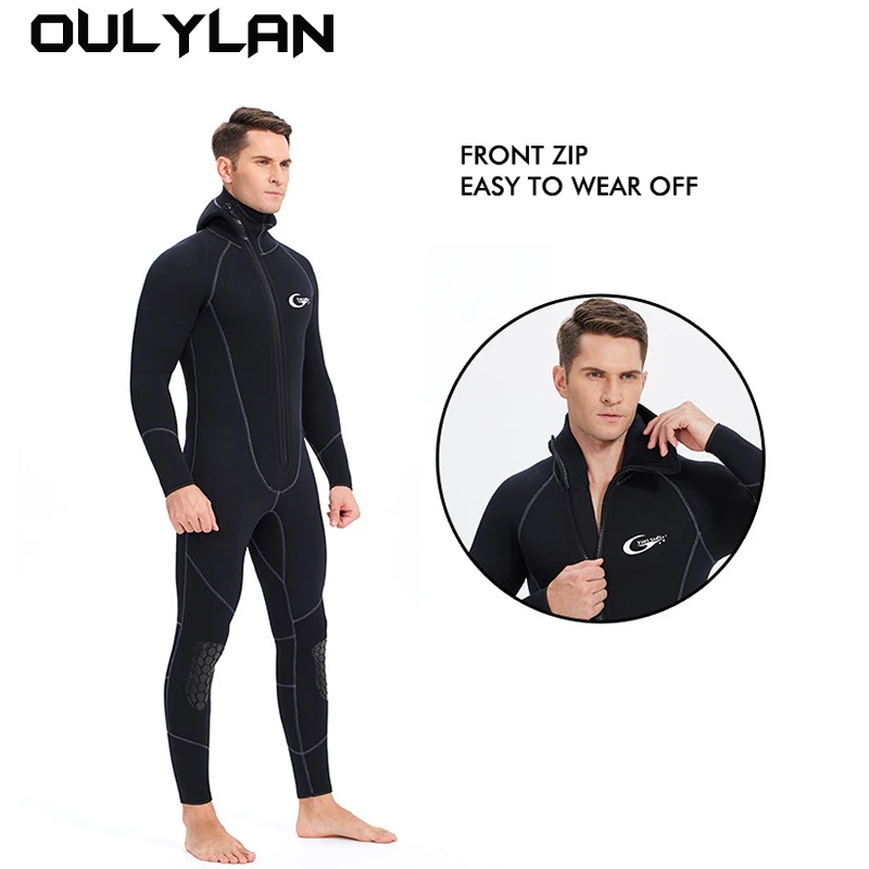 Oulylan 5 mm neoprénové neopieravé muži jednodielny predný zips s kapucňou potápačský oblek