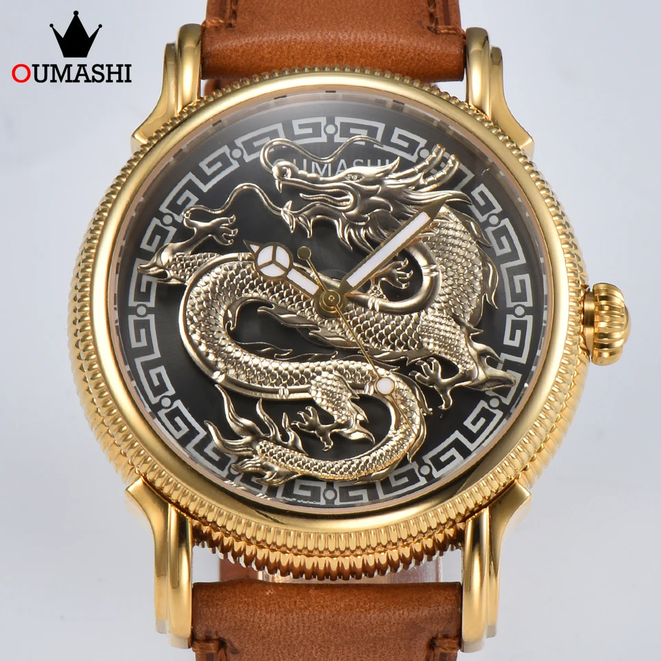 OUMashi Gold Dragon Pánske automatické mechanické hodinky MIYOTA8215 Pohyb Rotatovateľný drak zafírové sklo 10bar