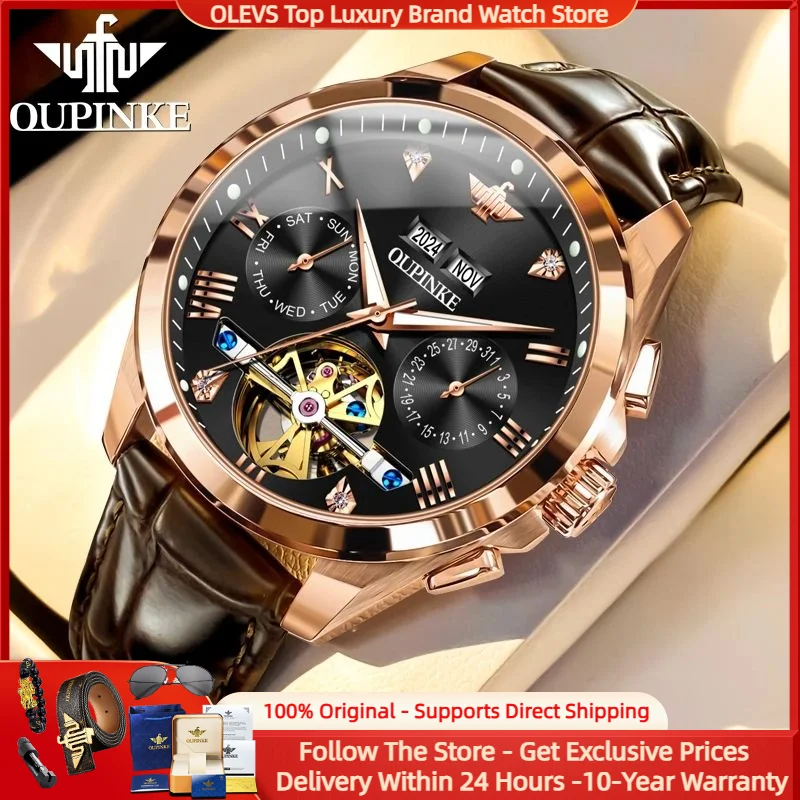 OUPINKE 3186 Tourbillon Men sledujú luxusné originálne automatické mechanické hodinky Sapphire Mirror