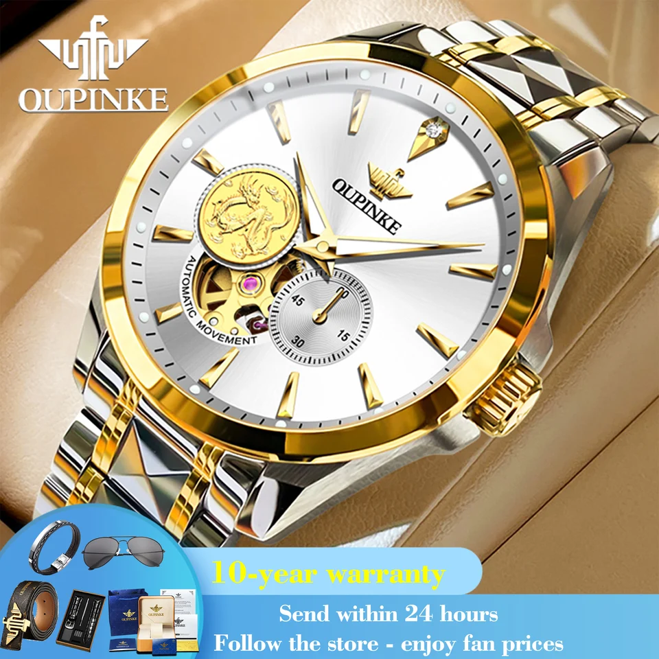 OUPINKE 3260 Real Gold Real Diamond Luxury Man Wristwatch Hollow Mechanical Watch for Men