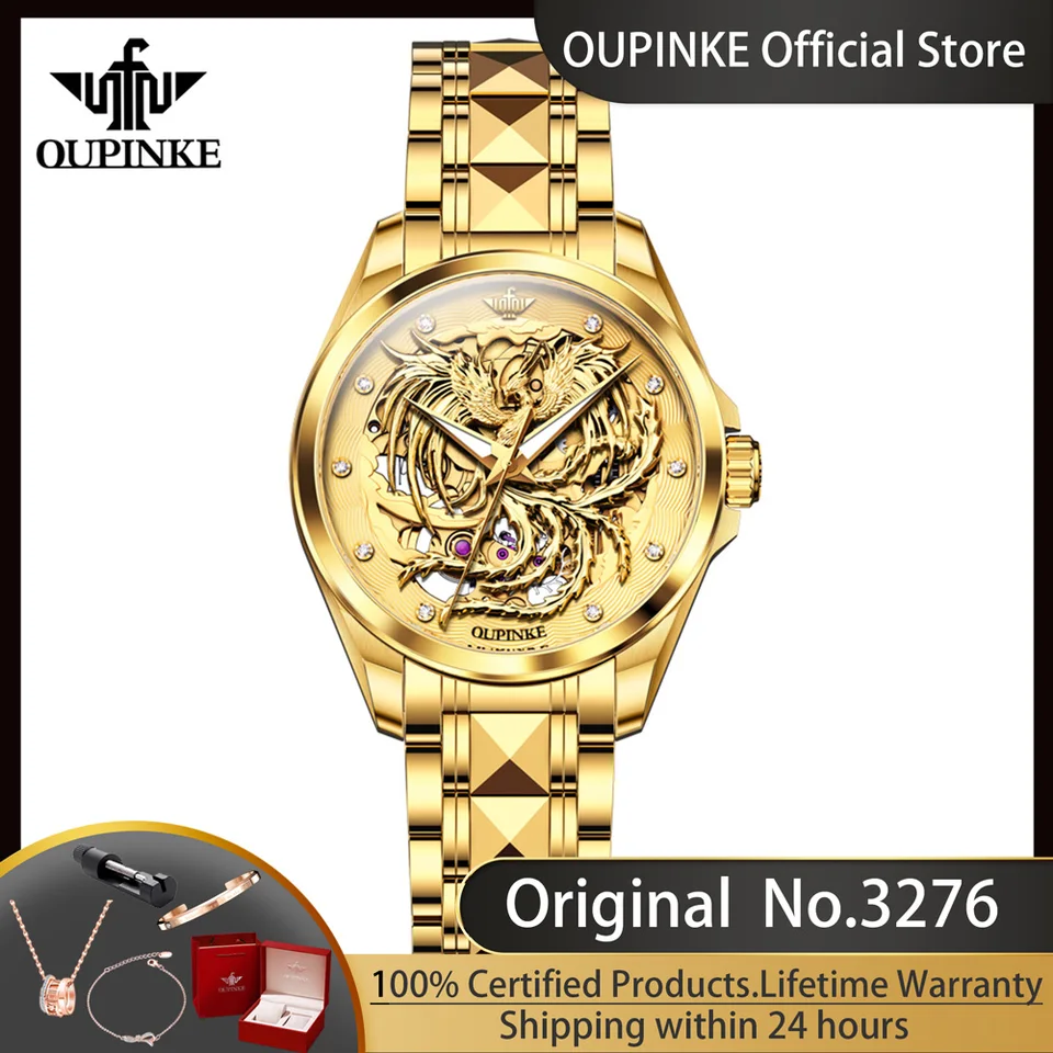 OUPINKE 3276 Hodinky Ženy Importujú automatické pohyby Mechanické náramkové hodinky Golden Hollow Phoenix Dámske hodinky