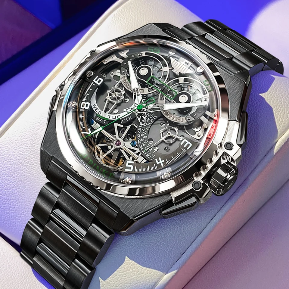 OUPINKE Multifunkčné tourbillon Mechanické hodinky pre mužov kostrové zápästie Watch Witerproof Sapphire Mirror Black Steel Watch