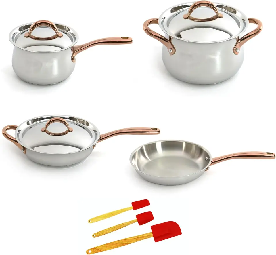 Ouro Gold 18/10 z nehrdzavejúcej ocele 10pc set s veciami 7ks 7kscové kvetináče a panvice a 3pc silikónové špachtľy
