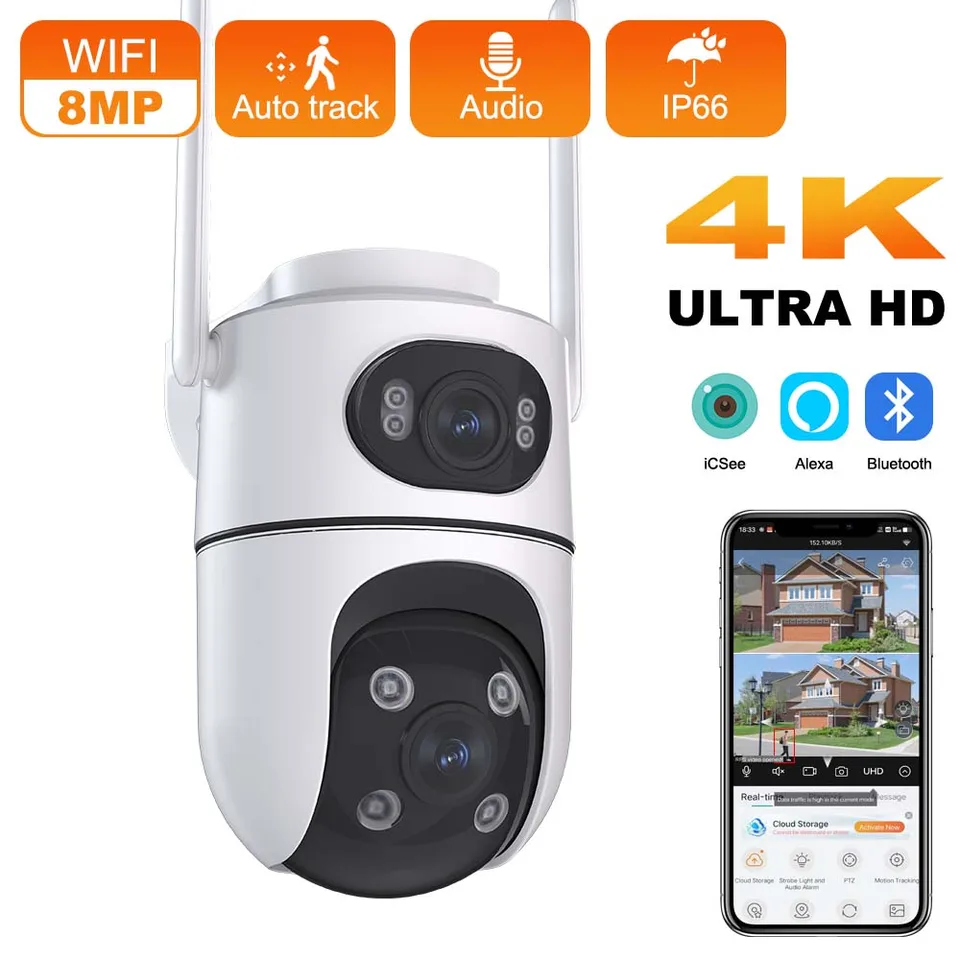Outdoor Wireless Security IP fotoaparát 4K 8MP HD Dual objektív Externá WiFi PTZ Camera Automatické sledovanie Street Surveillance Camera ICSEE