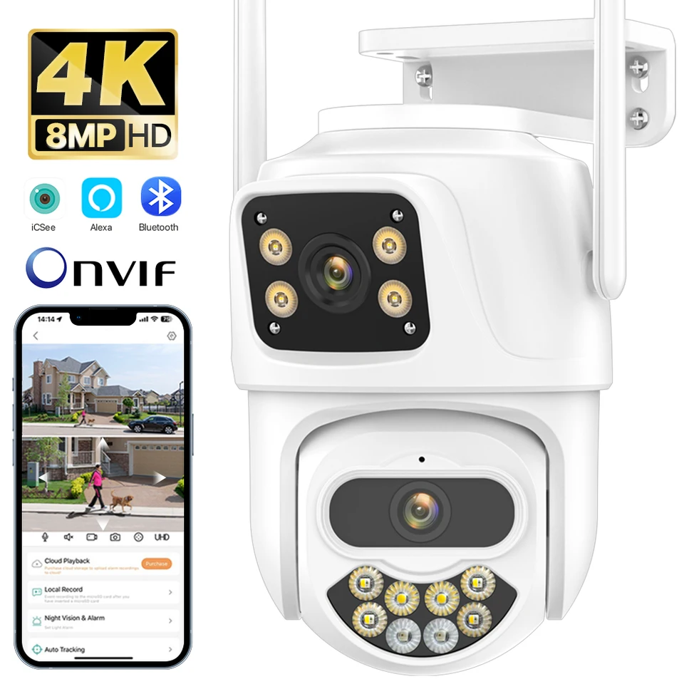 Outdoor Wireless Security IP fotoaparát 4K 8MP HD Dual objektív Externá WiFi PTZ Camera Automatické sledovanie Street Surveillance Camera ICSEE