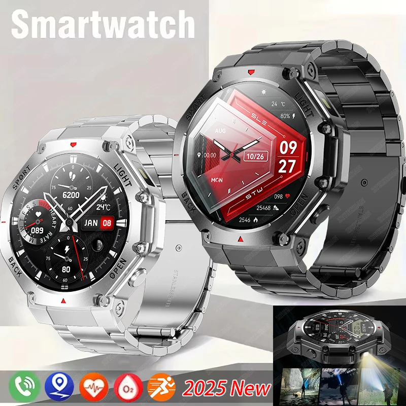 Outdoors Vojenské inteligentné hodinky Men 3atm Bluetooth Call Call Health Monitor Sports Fitness GPS trajektória 410 mAh LED svetlo Smartwatch