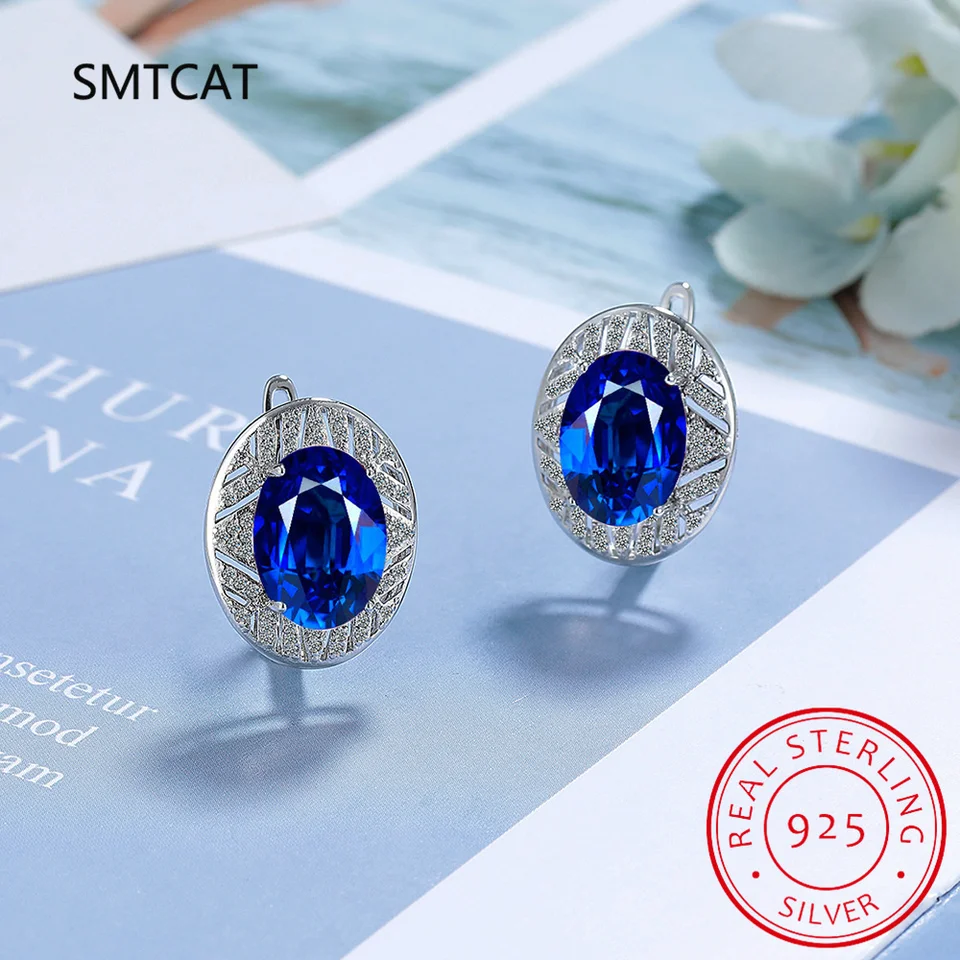 Oval Cut vytvoril modrý zafír 925 Sterling Silver Hoop náušnice pre ženy módne vyhlásenie Gemstone šperky huggies kreol