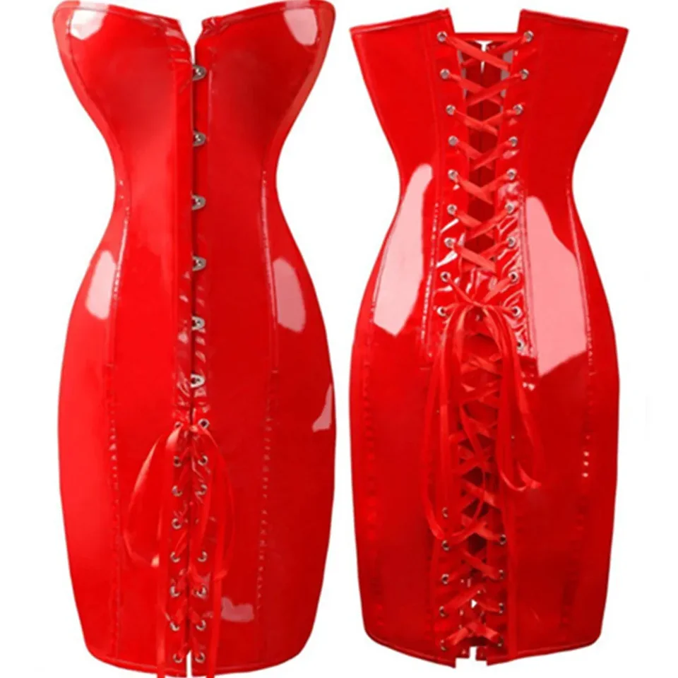 Overbust dlhý trup korzet gotické sexy korzetové šaty PVC kožené bustier Top šnurovanie