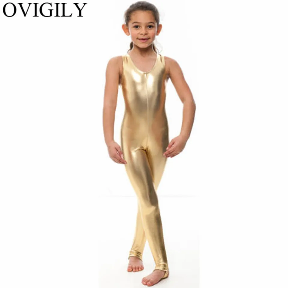 Ovigily Child Metallic Tank Unitards for Gymnastics Girls Spandex bez rukávov Dance Unitard Catsuits s strmeňmi
