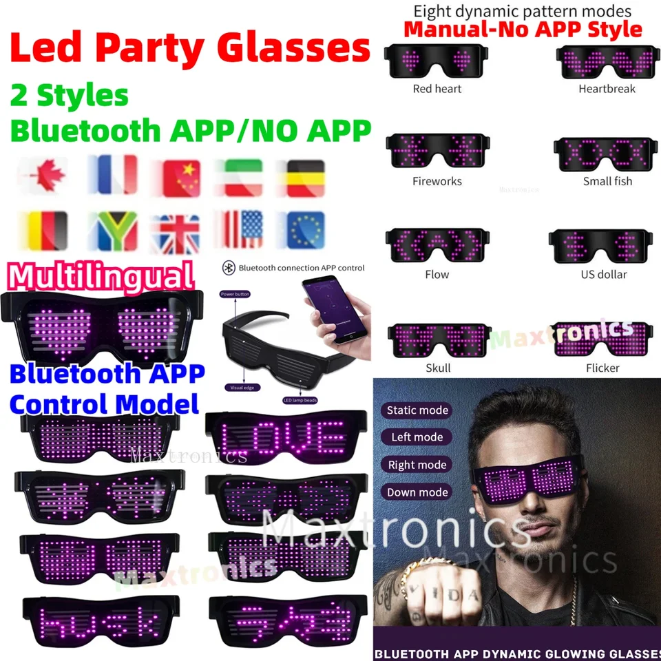 Ovládanie okuliarov LED Party App Control/žiadny štýl aplikácie Viacjazyčný poplatok USB LED LED LUMINUME OVEWAR koncert na koncerty vianočné večierky Slnečné okuliare slnečné okuliare