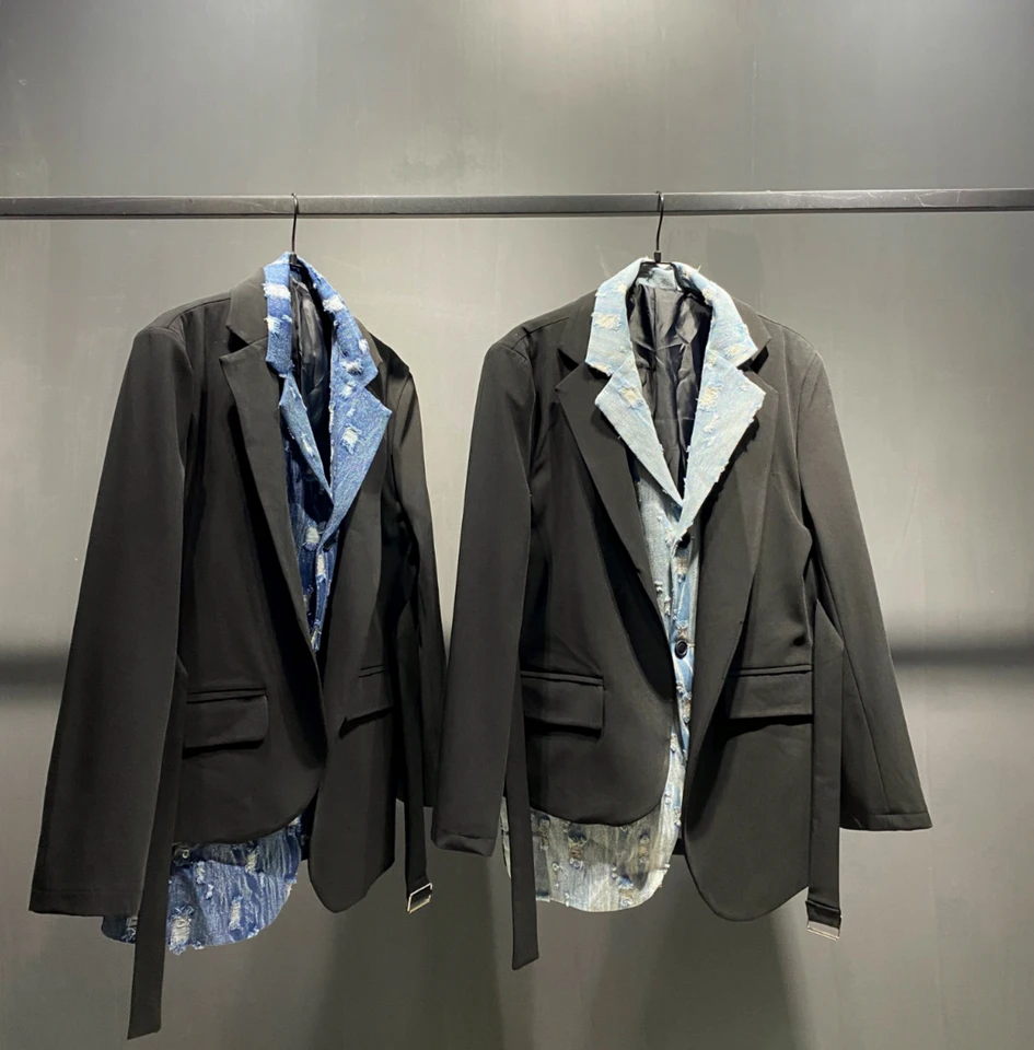 Owen SEAK Men bunda kabát gotický štýl Dámske oblečenie jesenná jar Japan Japan Patchwork Suit High Street Nadmerná čierna black Outwear